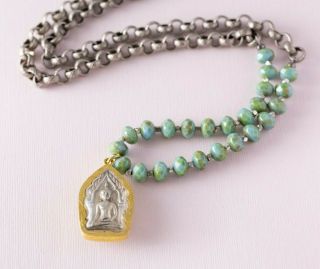 Meditating Buddha Teal Beaded Antiqued Silver Chain Long Boho Artisan Necklace