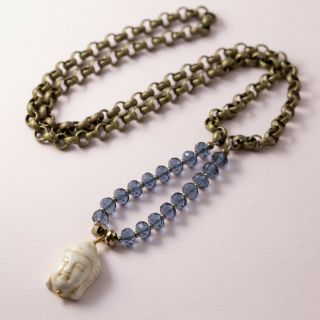 Buddha Head Blue Beaded Antiqued Brass Bronze Chain Long Boho Artisan Necklace