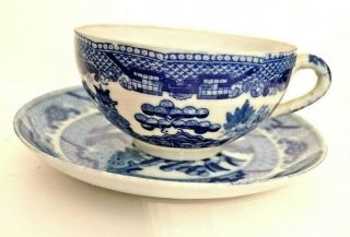 Antique Blue Willow Teacup And Saucer Petite Very Delicate 1 1/2 " H X 4 1/2 " D
