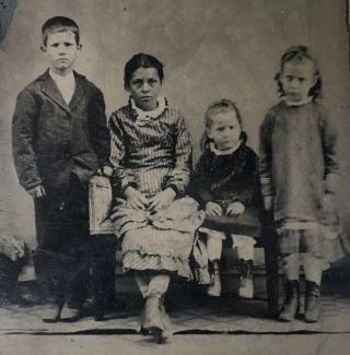 Antique American Four Kids School Children Brother Sisters Tintype Photo