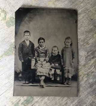 ANTIQUE AMERICAN Four Kids School Children Brother Sisters TINTYPE PHOTO 2