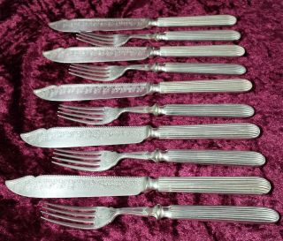 Ornate 5 Person Set Antique Silver Plated Fish Cutlery By Harrison Bros & Howson