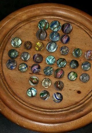 Marbles: Rare Set Of 33 Mt To Nr - Mt German Handmades W/original Solitaire Board