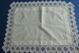 Vintage Irish Linen Tray Cloth Table Mat,  Hand Embroidered Whitework Crocheted