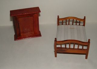 Vintage Miniature Wooden Dollhouse 2 Piece Set Bed & Fireplace