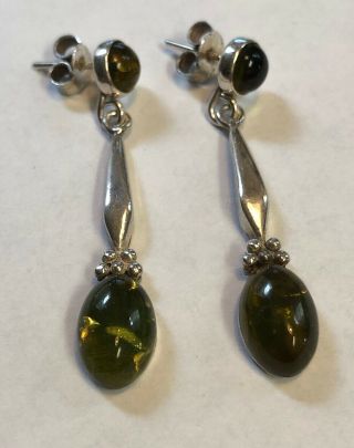 Vintage Green Baltic Amber 925 Sterling Silver Dangle Post Earrings