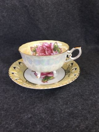 Vintage Lm Royal Halsey Tea Cup And Saucer - Footed Yellow With Pink Rose