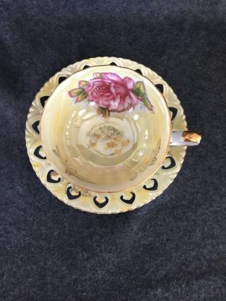 Vintage LM Royal Halsey Tea Cup And Saucer - Footed Yellow With Pink Rose 3