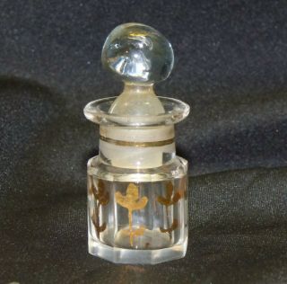 Vtg Old Miniature Mini 2 " Glass Perfune Scent Bottle W Stopper & Gold Decoration
