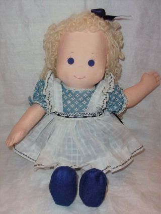Vintage Handmade Rag Doll In Blue And White Dress & Embroidered White Apron 18 "
