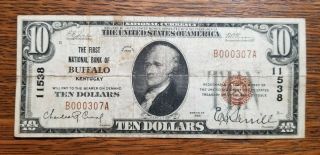 1929 National Bank Of Buffalo,  Ky,  $10 Dollar Bill - Brown Seal - B000307a Rare