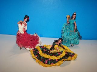 Trio Of Vintage Marin Chiclana Flamenco Dolls Made In Spain (about 6 To 7 Inch)