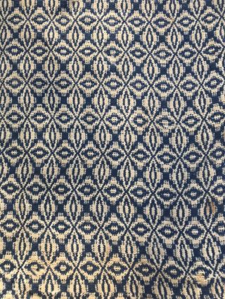 Antique Loom Woven Wool Wool Geometric Coverlet Indigo Blue Cream