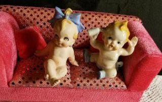 2 Vtg.  Bisque & Porcelain Baby Doll Figurines - Baby Bottle - Blue Bow In Hair - Darl