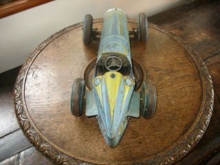 RARE BIG METTOY RACING CAR c.  1948 TINPLATE WIND UP TIN TOY BOAT TAIL no tippco 2