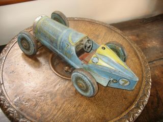RARE BIG METTOY RACING CAR c.  1948 TINPLATE WIND UP TIN TOY BOAT TAIL no tippco 3