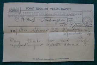 Antique Royal Telegram Birthday King Edward Vii 1909 Sandringham Anne Spencer