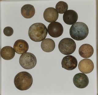 18 Antique Civil War Era Handmade Clay Marbles.  34 " -.  68 " Dyed & Undyed.