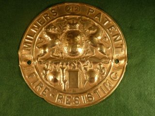 Antique Milners 212 Patent Fire Resisting Safe Brass Plaque / Plate 1857
