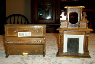 Vintage Dollhouse Miniature Furniture Wood Upright Piano & Fireplace Last Chance