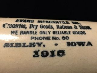Rare EVANS MERCANTILE Sibley Iowa 1915 Western Stoneware Advertising Rolling Pin 3