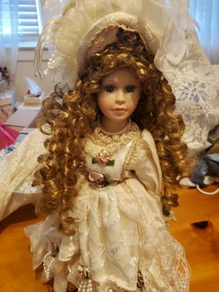 Vintage Victorian Porcelain Doll.  Curly Hair And Complete Outfit Includes Pearl