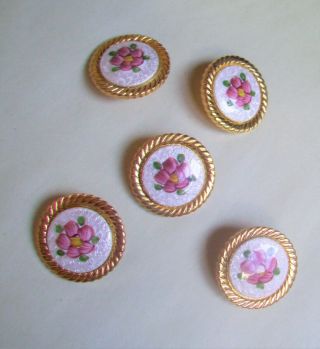 Vtg Guilloche Enamel Buttons Gold Plate Setting - Set Of 5 Pink Flower