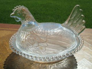 Antique Vintage Indiana Glass Clear Hen Chicken On Nest 7 1/4 " Long