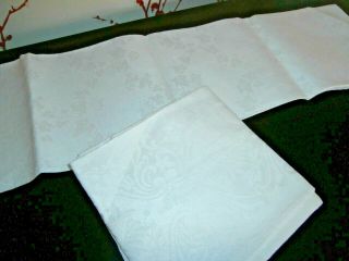 Pair Vintage White Linen Damask Large Table Napkins 27 " X 27 " Peony & Ivy Design