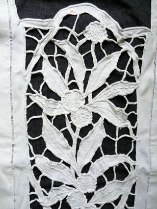 Lovely Large French Heavy Linen Antique Pelmet Cut Work Irises Thick Embroidery