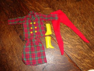 Vintage Barbie Sized Clone Plaid Skirt Jacket & Red Leggins W/yellow Boots