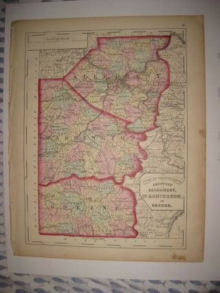 Antique 1872 Allegheny Washington Greene County Pennsylvania Handcolored Map Nr