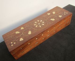 Vintage Wooden Box With Decorative Brass Inlay