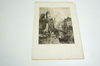 Antique Etching / Engraving By G Shonkler (??) Of Old City Scene On The River