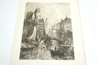 ANTIQUE ETCHING / ENGRAVING BY G SHONKLER (??) OF OLD CITY SCENE ON THE RIVER 2