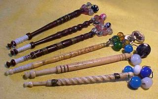 6 Antique Decorative Lace Makers Bobbins Inc 3 Bone & 3 Wood With Spangle Beads