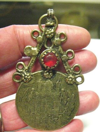 Silver Medallion Red Stone Castle On Front Pendant 1 3/4 X 3 " Antique Style
