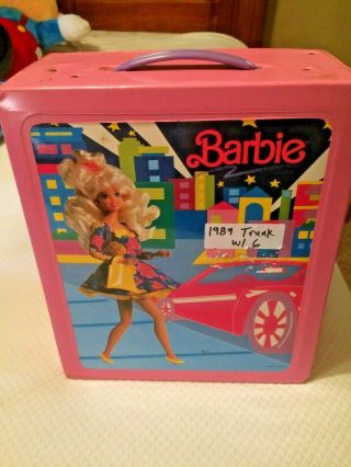 Vintage 1989 Mattel Barbie Doll Pink Fashion Vinyl Carry Case Trunk W/ 6 Dolls