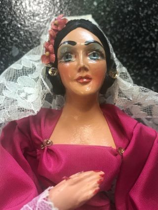 Vintage 12 Inch Spanish Flamenco Dancer Doll Painted Face Pink Dress Lace Veil