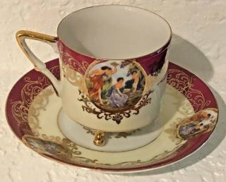 Vintage L & M ROYAL HALSEY Very Fine China TEA CUP & SAUCER Footed w/gold leaf 2