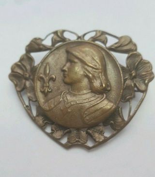 Antique Vintage Art Nouveau Bronze Medallion Medal Heart Brooch Old C Clasp