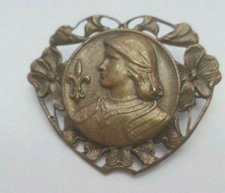 Antique Vintage Art Nouveau Bronze Medallion Medal Heart Brooch Old C Clasp 2