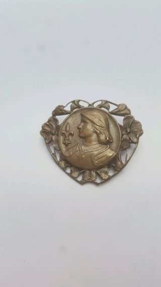 Antique Vintage Art Nouveau Bronze Medallion Medal Heart Brooch Old C Clasp 3