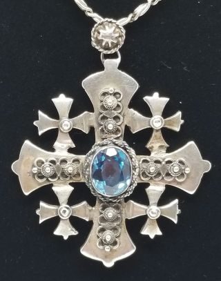 Rare Vintage Jerusalem Maltese Cross With Blue Stone Pendant 800 Silver Gothic