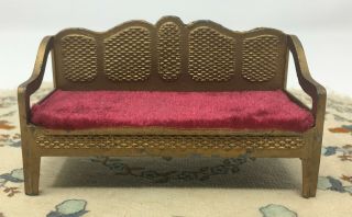 Vintage Dollhouse Miniature Brass Sofa Couch With Red Velvet Seat Furniture