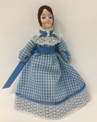 Vintage Shackman Bisque Porcelain & Cloth Lady Dollhouse Doll W Checkered Dress