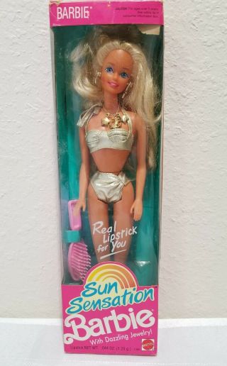 Sun Sensation Barbie Doll 1991 With Dazzling Jewelry Lipstick Brush Iob