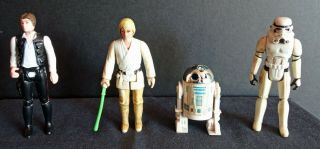 4 Vintage Star Wars Action Figures Han (small Head),  Luke,  R2 - D2,  Stormtrooper