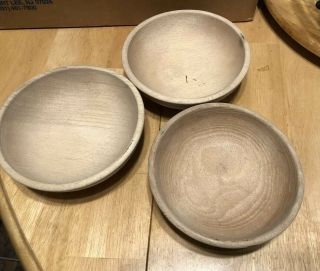 Vintage Wooden Bowls Primitive Unmarked Set Of 3