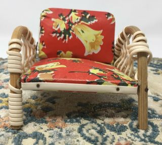 Vintage Wood Bamboo Dollhouse Miniature Chair With Floral Padding Furniture